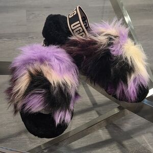 UGG Women Black Purple Cream Faux Fur Slide Sandals